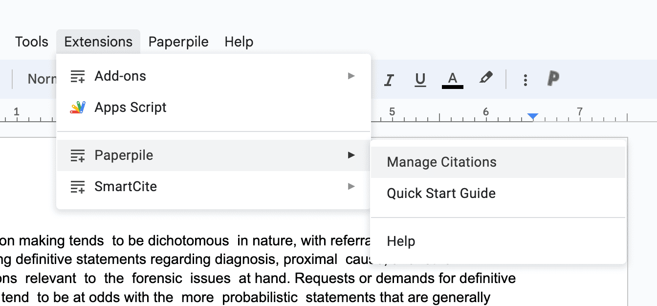 The Google Docs Extensions menu open with Paperpile highlighted and its submenu showing Manage Citations, Quick Start Guide and Help, alongside Add-ons, Apps Script and SmartCite.